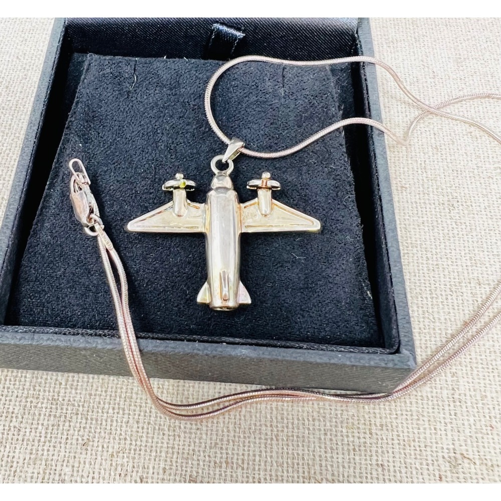 Vintage Sterling Silver Airplane Pendant Necklace 18in Snake Chain Italy - Picture 7 of 9